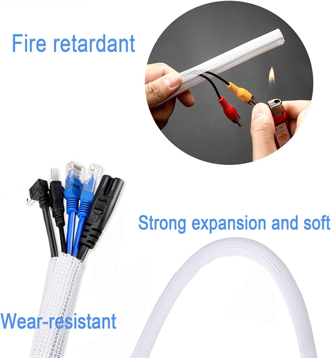 50ft 1 Inch White Cable Sleeve – Split Wire Loom Tubing Cord Protector – Flame Retardant Polyester Cable Management Wrap for Desk, TV, PC – Pet Chew Resistant & Easy to Cut