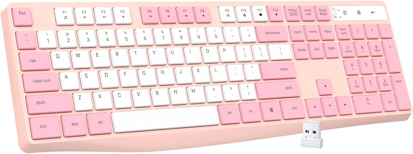 Lovaky Wireless Keyboard, 2.4G Ergonomic Wireless Computer Keyboard, Enlarged Indicator Light, Full Size PC Keyboard with Numeric Keypad for Laptop, Desktop, Surface, Chromebook, Notebook,PinkWhite