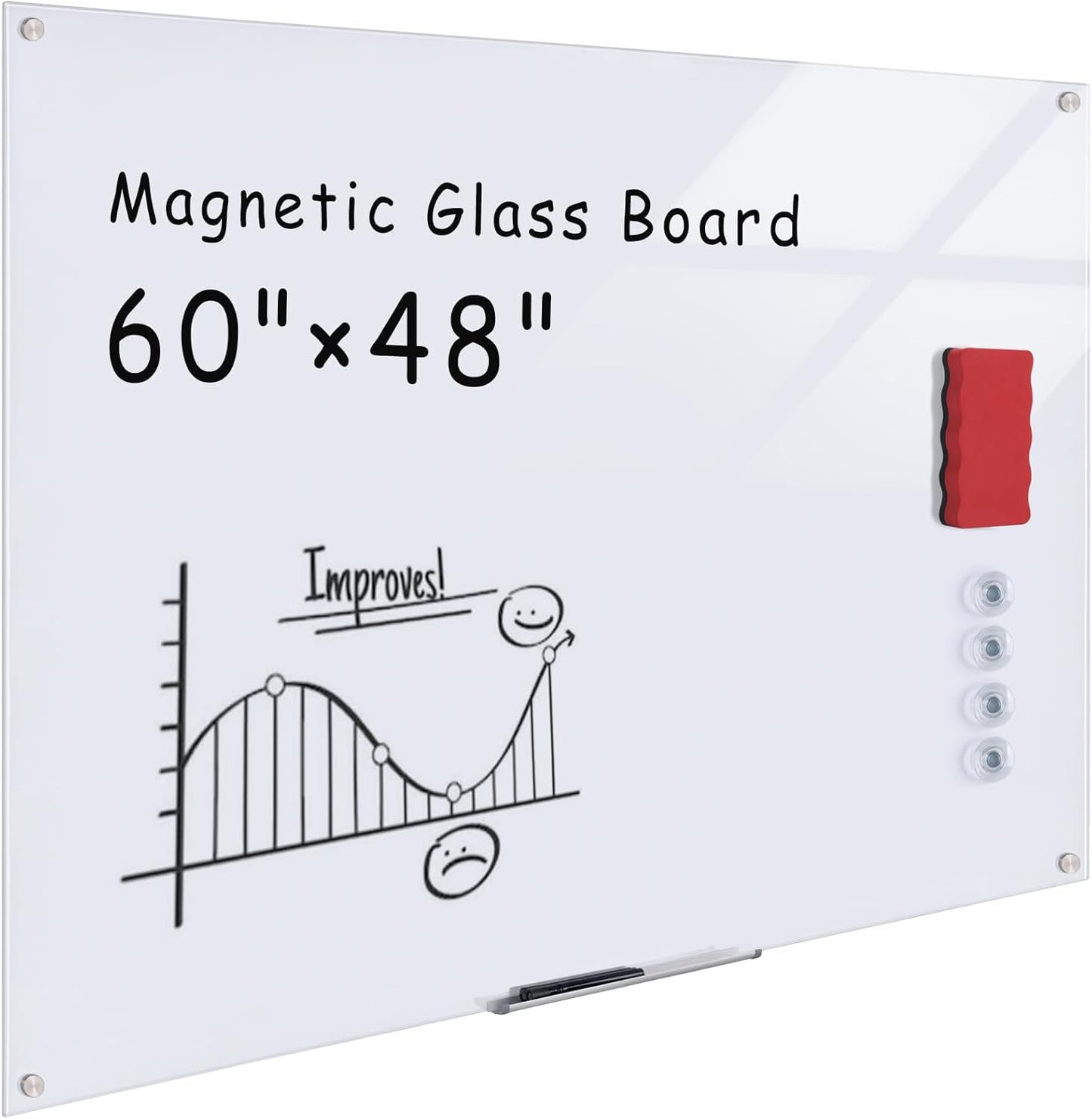 Magnetic Glass Whiteboard，60"x48" Wall Mounted Frameless Dry Erase Board for Office, Home & School Ultra White