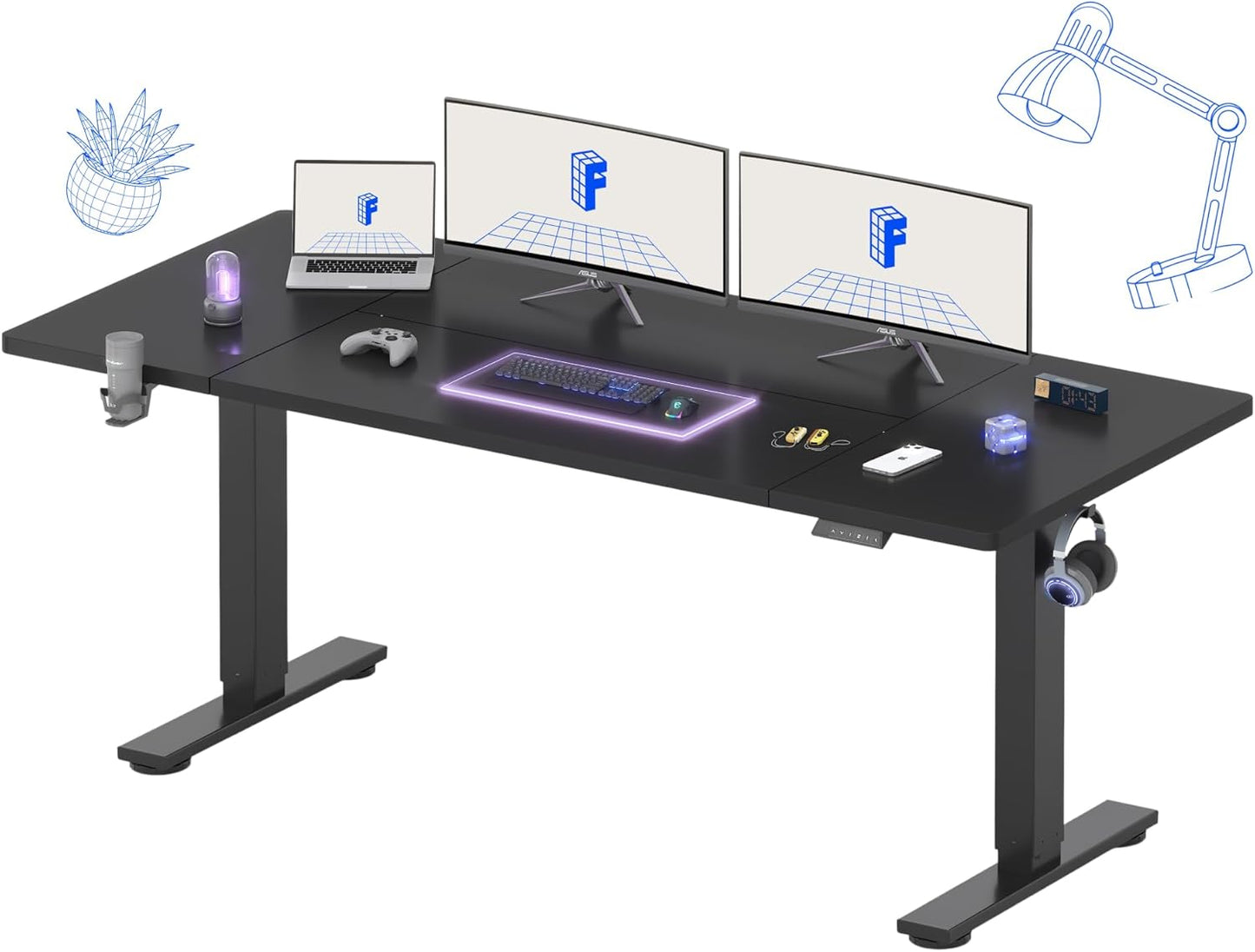 FLEXISPOT 71 x 32 Inch Large Standing Desk, Stand Up Desk with Splice Board, Rising Desks for Home Office, Office Desk with Cup Holder and Headphone Hook (Black Frame + Black Top, 2 Packages)