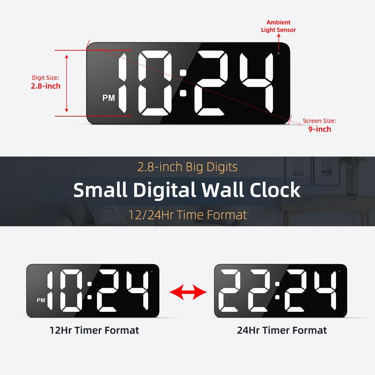 LED Digital Wall Clock with Large Display, Big Digits, Auto-Dimming, 12/24Hr Format, Modern Electric Small Silent Wall Clock for Living Room, Bedroom, Classroom, Farmhouse, Kitchen, Office - White