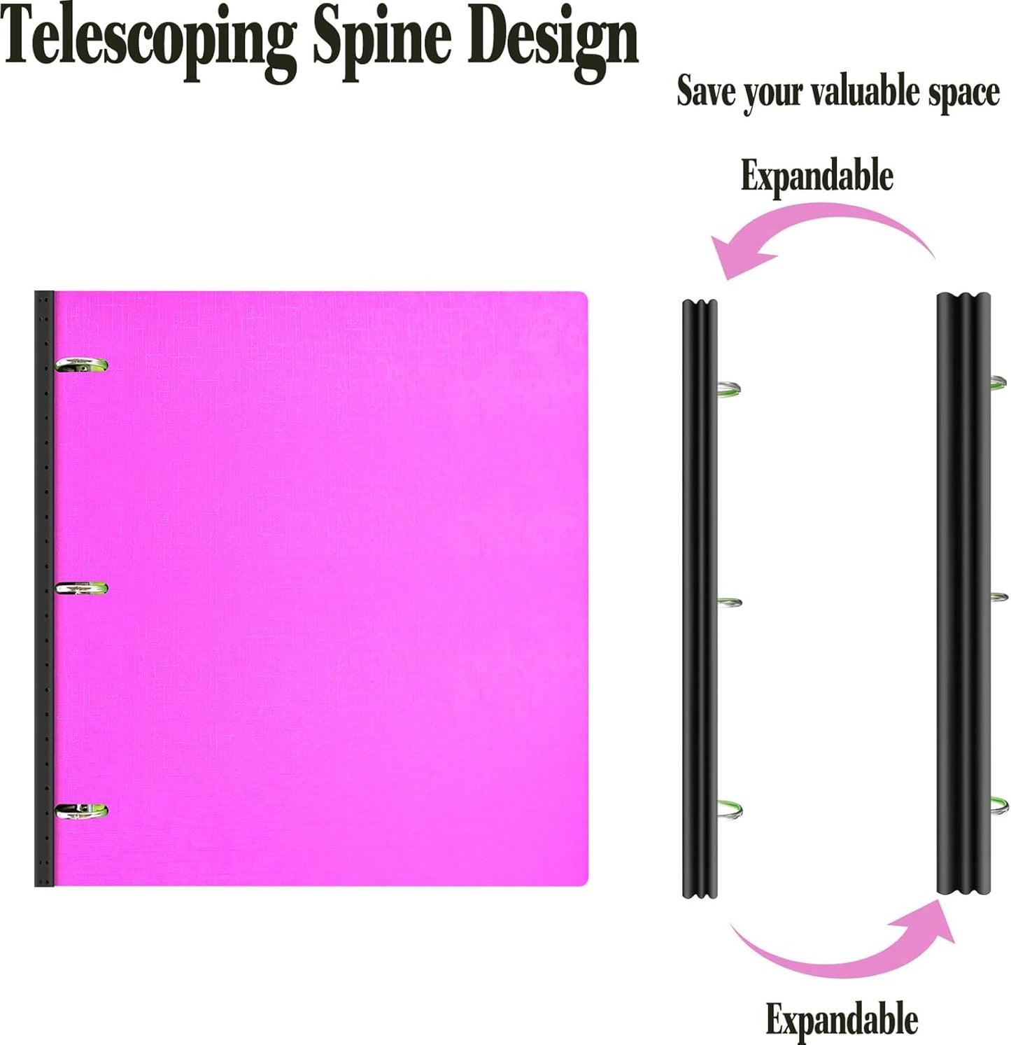 INFUN Telescoping 3 Ring Binder, Portable Plastic 0.75 inch 3 Ring Binder with Telescoping Spine and Foldable Front Cover Holds 8.5" x 11" Paper for School,Office and Homes-Pink