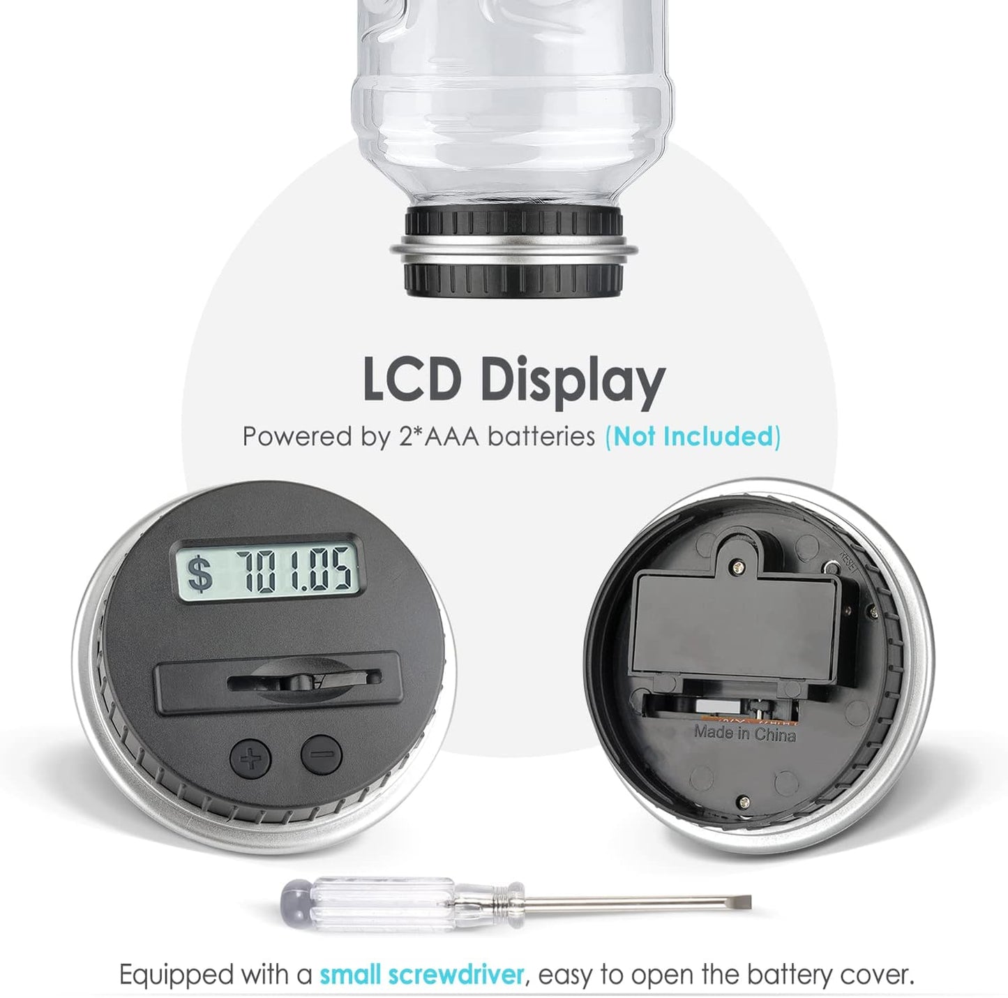 Large Piggy Bank for Boys Adults, Vcertcpl Digital Coin Counting Bank with LCD Counter, 1.8L Capacity Coin Bank Money Jar for Adults, Designed for All US Coins (Silver)