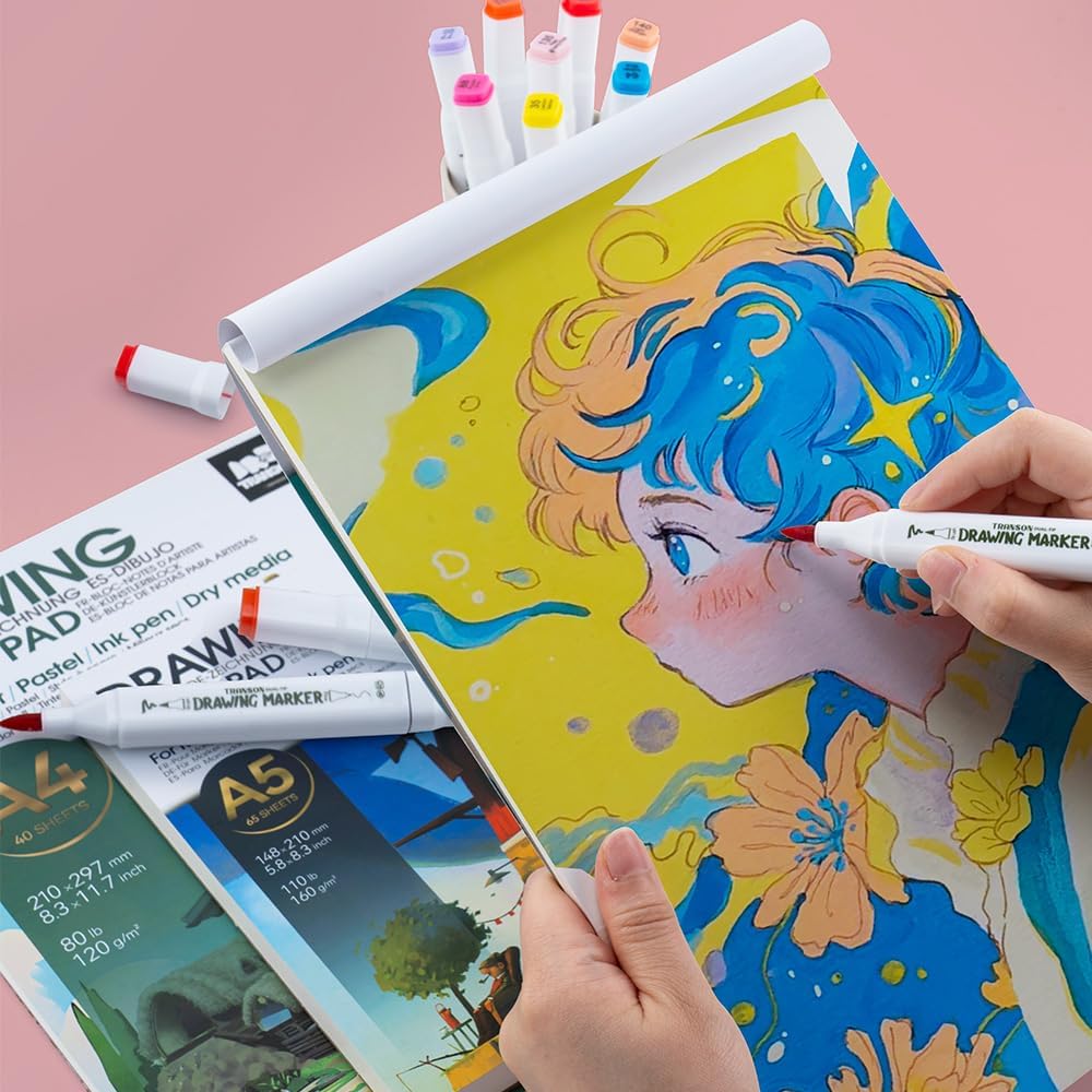 TRANSON Alcohol Markers for Drawing Coloring 48 Colors Dual-tip Fine and Chisel Tips