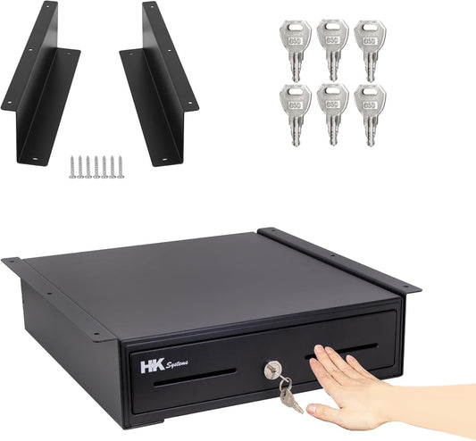 HK SYSTEMS 13" Heavy Duty Black "Push" Open Cash Drawer, 4B5C with Under Counter Mounting Metal bracket