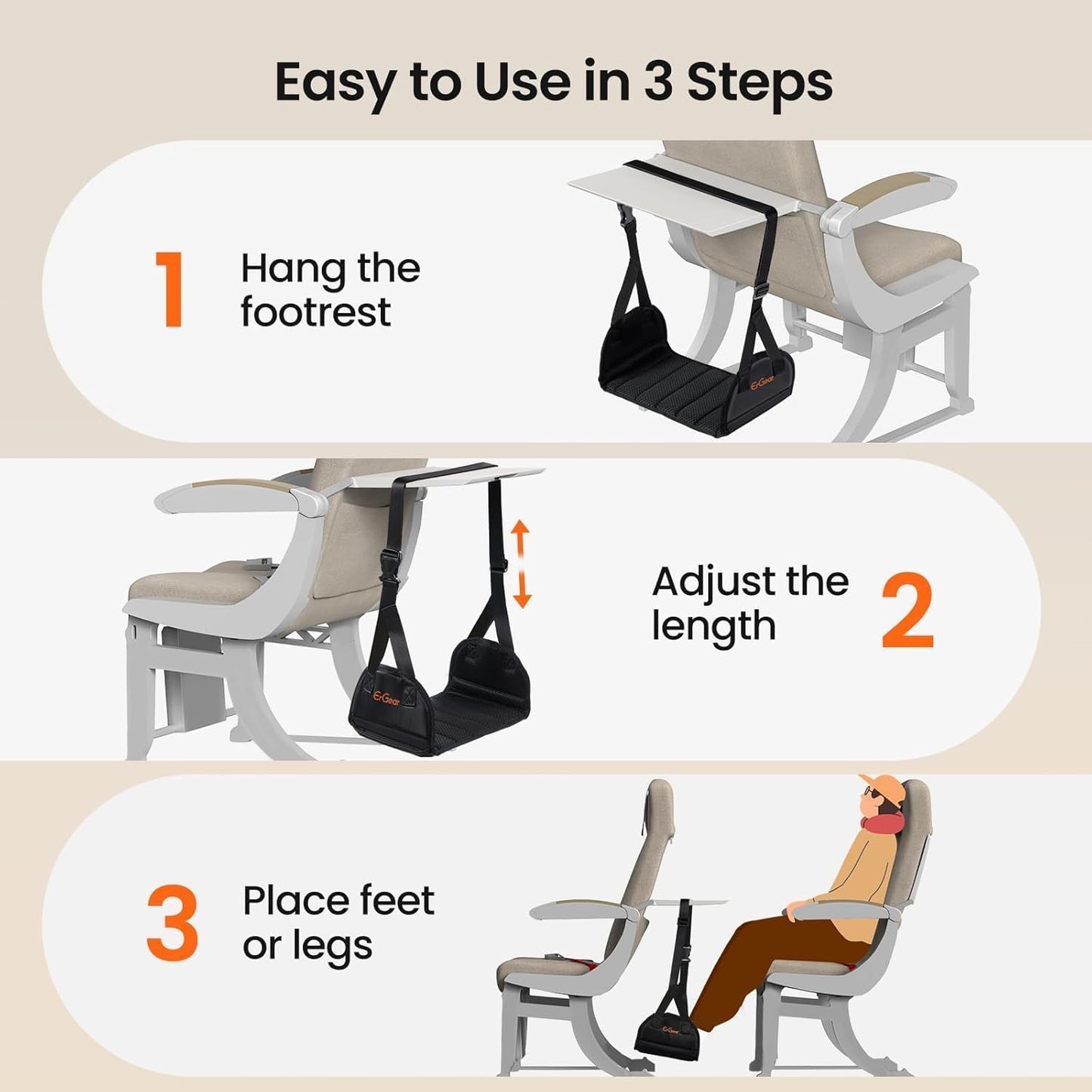 ErGear Airplane Foot Hammock with Wide Hardboard Support, Foot Hammock for Plane Travel with Extended Adjustment Strap, Portable Airplane Foot Rest Travel Essentials for Long Flight