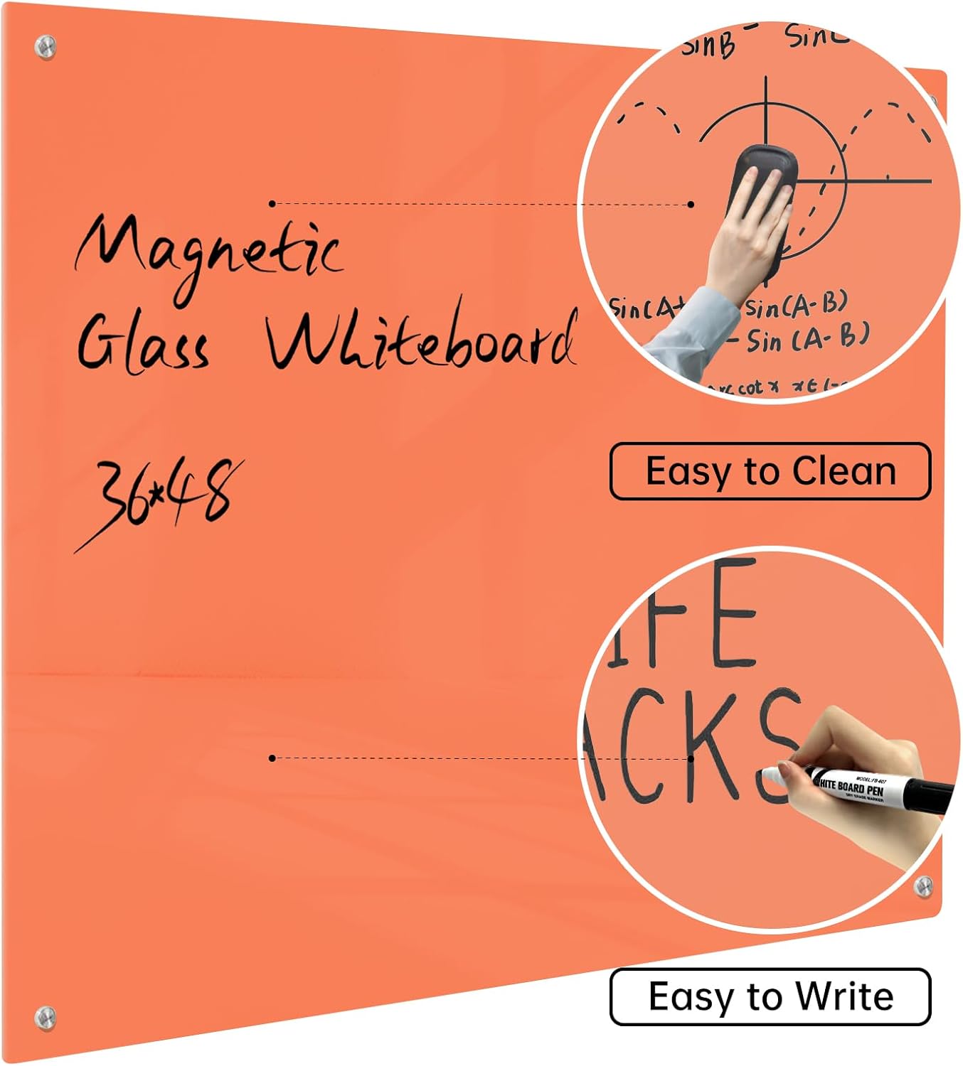 Magnetic Glass Dry Erase Board - White Board 48 x 36 Inch Wall Mounted Glass Whiteboard, Large Frameless Glass White Board for Wall Office, Home & School, Orange
