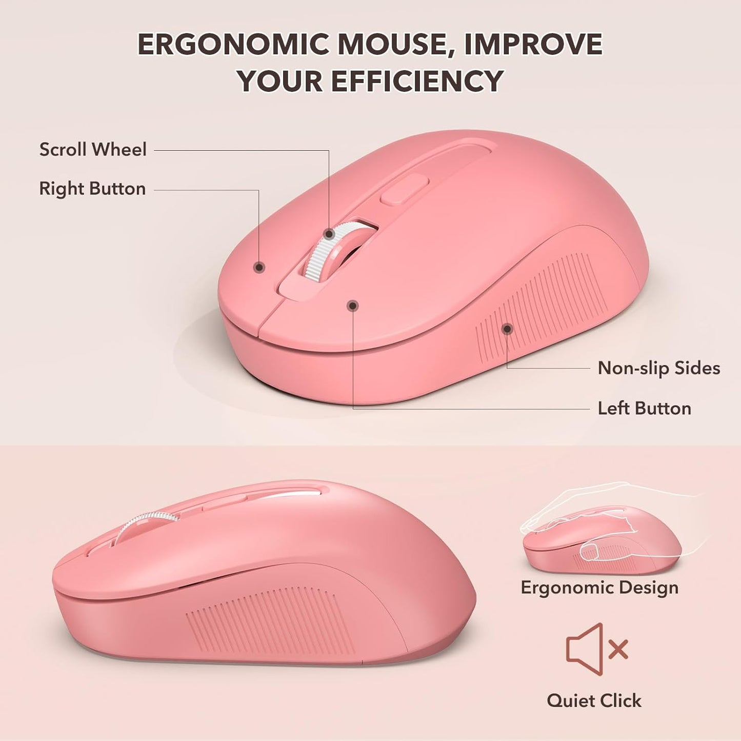 Wireless Keyboard and Mouse Combo - Retro Keyboard with Round Keycaps, Full-Size Typewriter Keyboard with Detachable Wrist Rest, 2.4GHz Connection for Mac/Windows/PC (Baby Pink)