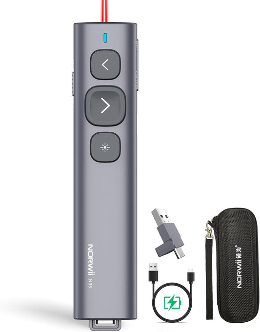 Norwii N95 Presentation Clicker with USB-A&C Receiver, PowerPoint Clicker for Presentation Remote, Rechargeable Wireless Presenter Pointer, Slide Advancer for PC/Laptop/e-Book(Red, USB-AC)