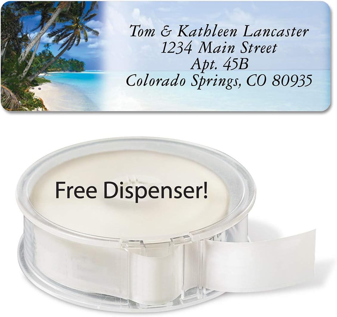 Colorful Images Tropical Paradise Rolled Personalized Return Address Mailing Labels with Dispenser, Customize with Name & Shipping Address, 500 ¾” x 2½” Self Adhesive, Easy Peel Label Roll