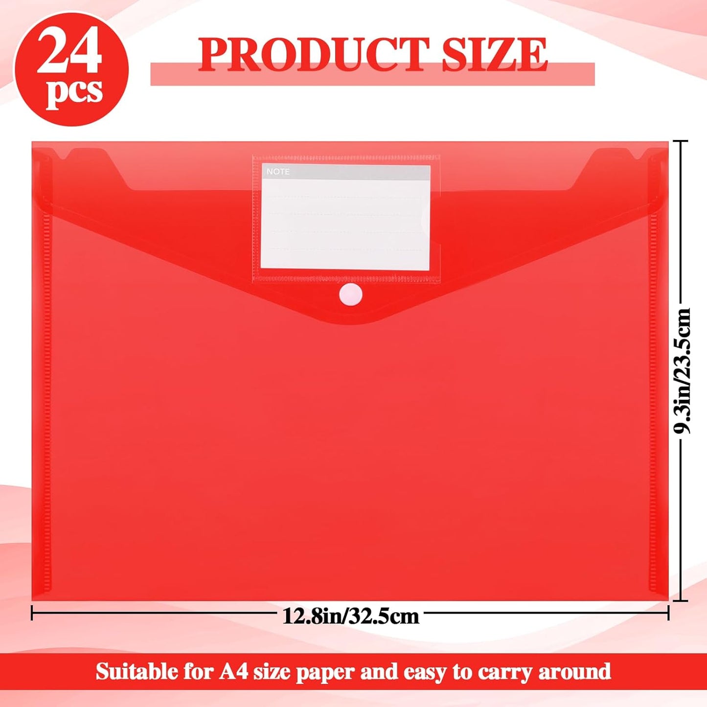 Lincia 24 Pcs Plastic Envelopes A4 Size Poly Envelopes File Folders Work Document Holder Office Paper Plastic File Organizer with Label Pocket Snap Button Home File Bag for School (Clear Red)