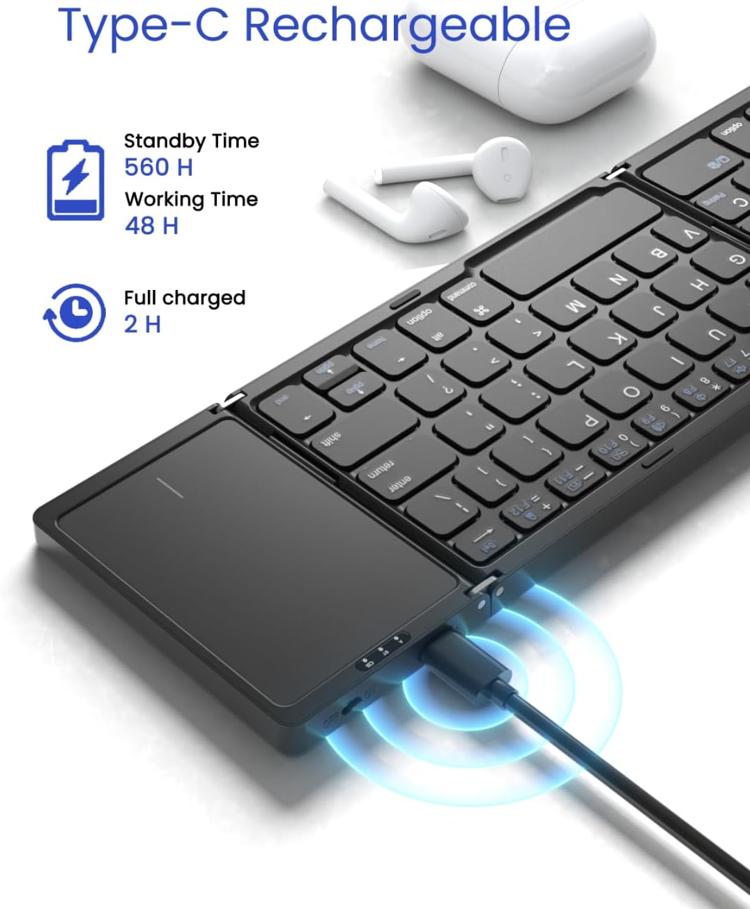 Foldable Bluetooth Keyboard, Folding Portable Wireless Keyboard with touchpad,Travel Pocket Keyboard for iOS Android Windows Mac Smartphone Tablet & Laptop, Sync Up to 3 Devices, Black