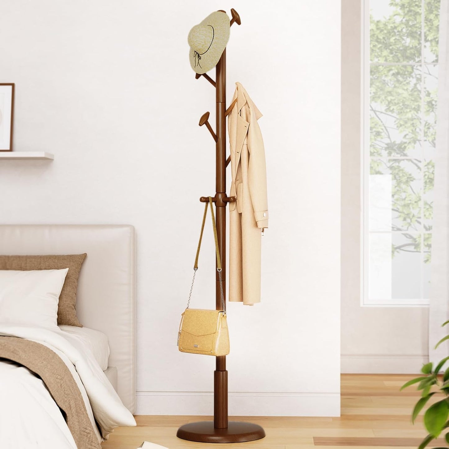 Solid Wood Coat Rack Freestanding Coat Tree with 10 Hooks for Bedroom, Livingroom, Entryway, Sturdy Coat Hanger Stand for Hats, Coats, Scarves, Handbags, Purses