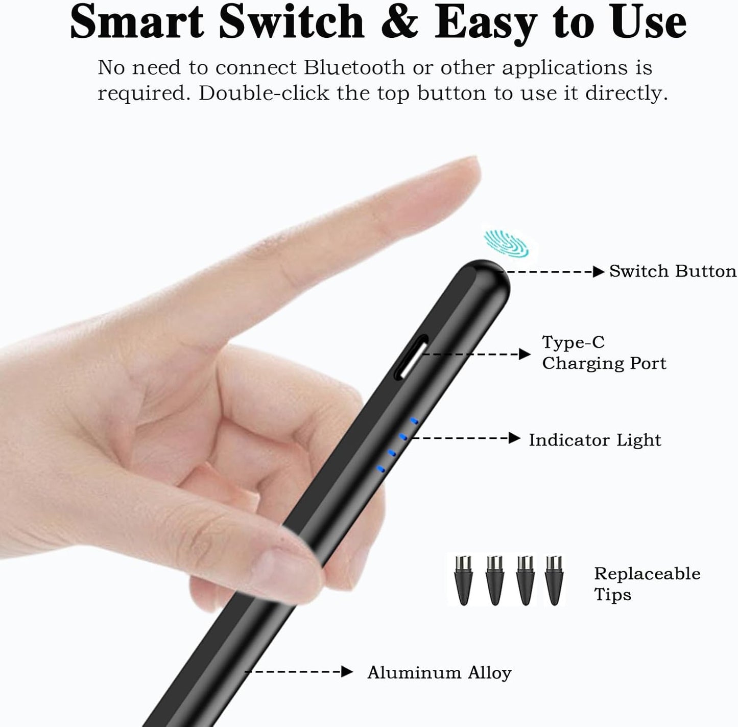 Stylus Pen for Android and IOS Touch Screen Pen,Tablet Pencil with 4 Pom Tip,Magnetic Phone Stylus Compatible with Samsung/Huawei/Lenovo/Mi/Vivo and Other Android Smartphone and Tablet Devices - Black