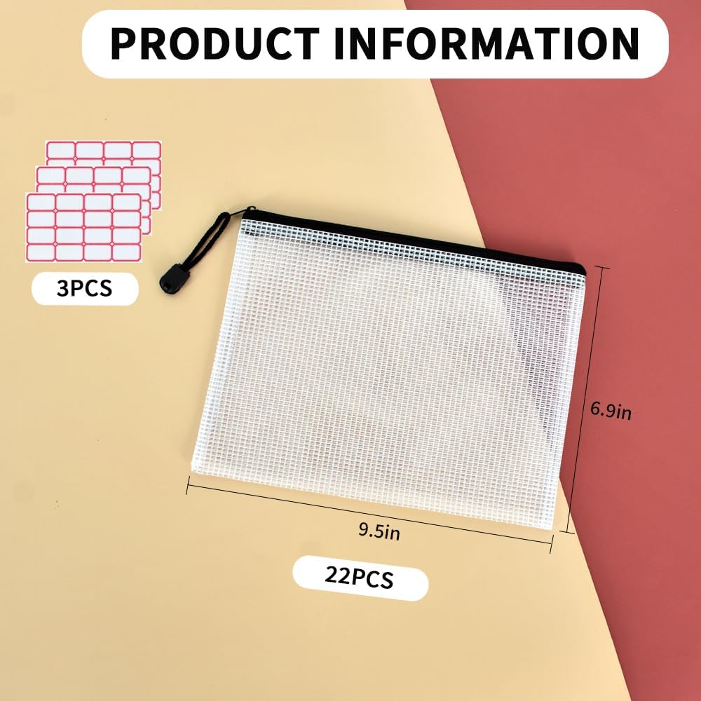 Vuzvuv A5-22 PCS 9.49"x 7.09"Mesh Zipper Pouch Set，Resistant Document File Folders Plastic Mesh Bag with Label Sticker for File, Document, Makeup, Board Game School Office Home Travel Storage