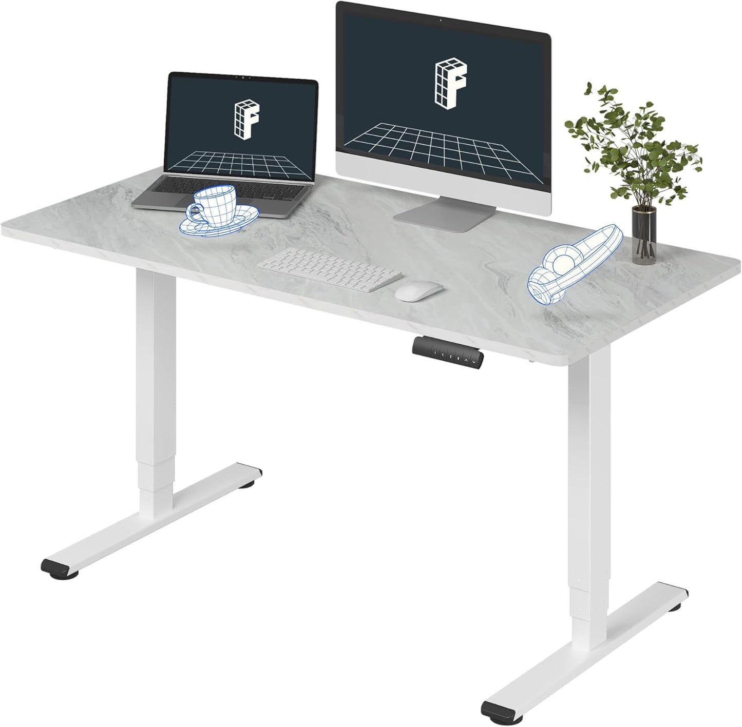 FLEXISPOT E6 Essential 3 Stages Dual Motor Electric Standing Desk 55x28 Inch Whole-Piece Board Height Adjustable Electric Sit Stand Desk（White Frame + Grey Wood Grain Desktop, 2 Packages）