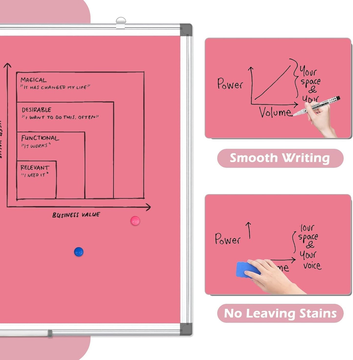 WALGLASS Magnetic Whiteboard 24"x18" Dry Erase White Board for Walls with Pen Tray, Aluminium Frame and Dry-Wipe Writing Surface for Kids' Drawing, Home, and Office (Pink)
