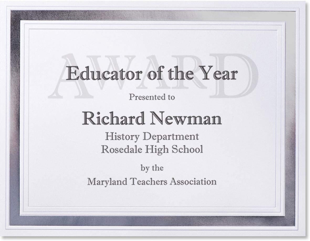 PaperDirect Pristine Specialty Certificates, 50 Sheets of 38lb White Paper, 8½" x 11", Silver Bold Foil Border, Perfect for Awards, Students, Employees, Volunteers, Course Completion, Diplomas