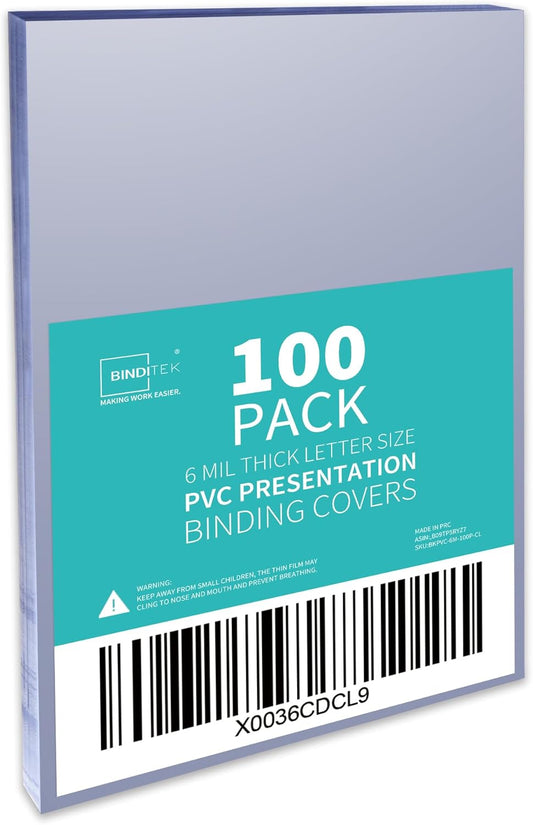Binditek 100 Pack 6 Mil PVC Binding Report Covers, 8.5 x 11 Inches, Letter Size, Square Corners, Un-Punched, Office Supplies