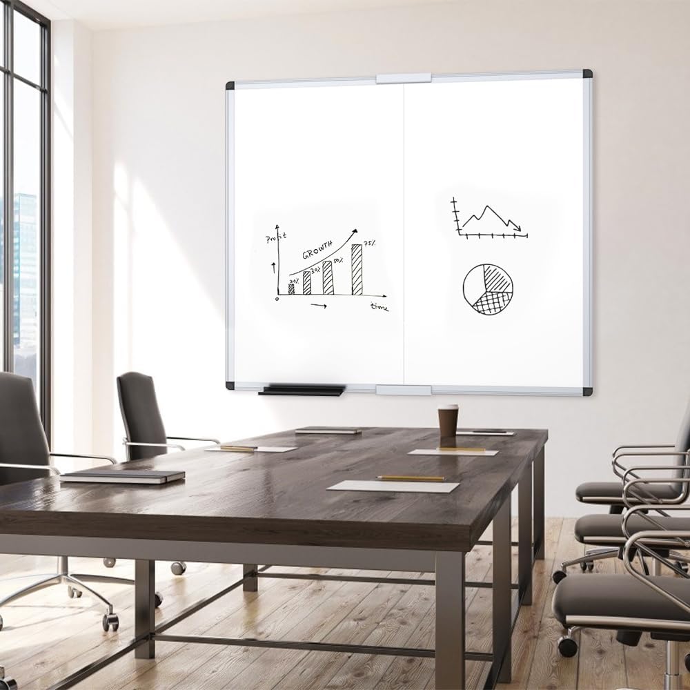VIZ-PRO Large Dry Erase White Board/Magnetic Foldable Whiteboard, 48 X 48 Inches, Silver Aluminium Frame