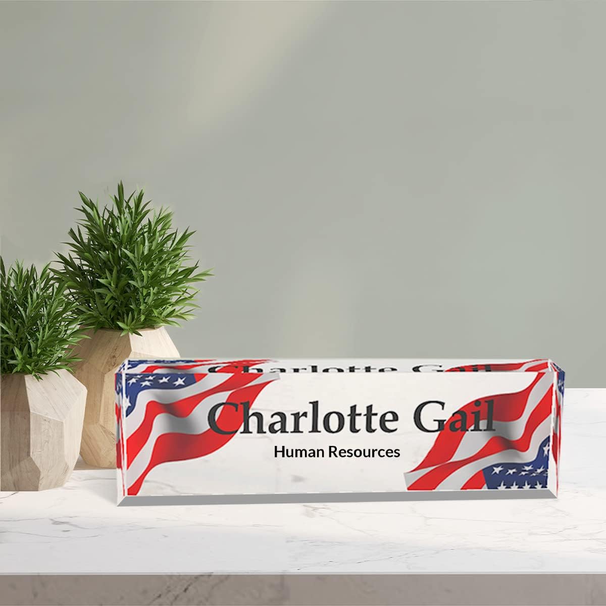 Desk Name Plate Personalized | Office Decor | Name Tags | Desk Decorations for Women Office… (US Flag)