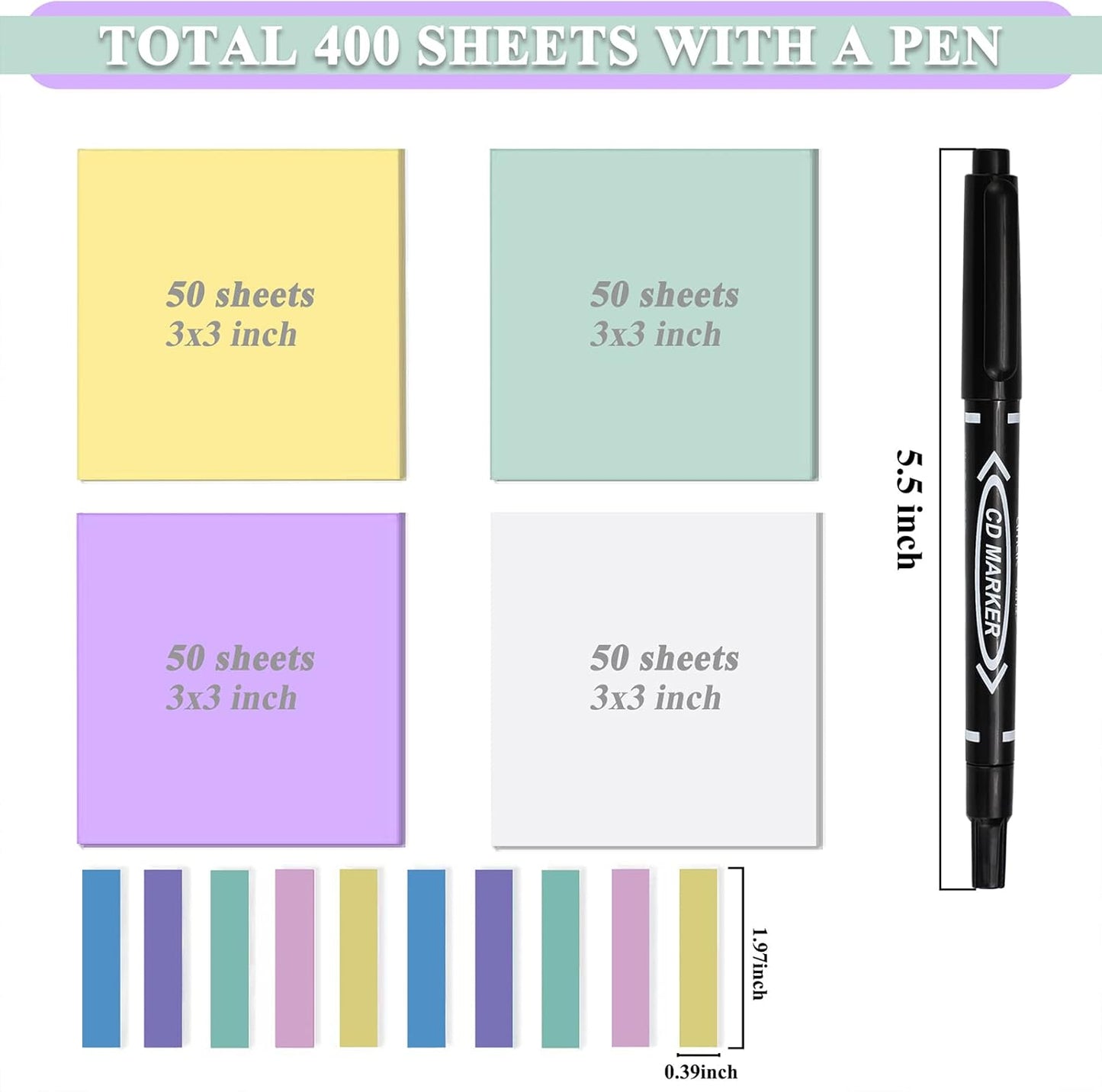 400 Sheets Transparent Sticky Notes, 3x3 inch Clear Sticky Notes Set, See Through Notes for Annotation, Index Labels, Translucent Notes with Pen for Office School (Assorted Colors)