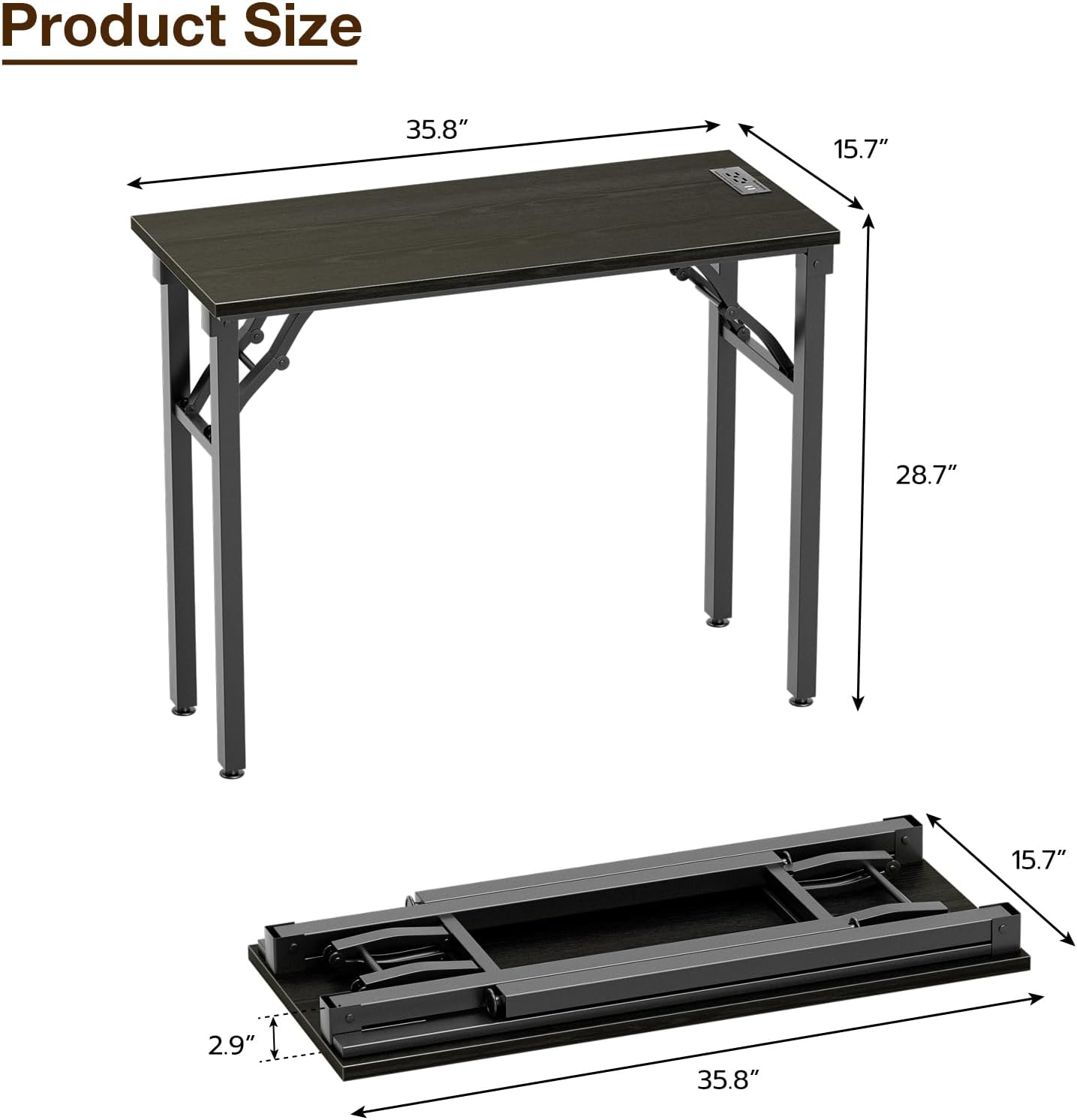 TEMI Small Computer Desk Folding Table - No Assembly, Compact 35.8" Foldable Desk with Power Outlets & USB Charging Port, Portable Small Office Desk, Ideal Mini Study Table, Dark Oak