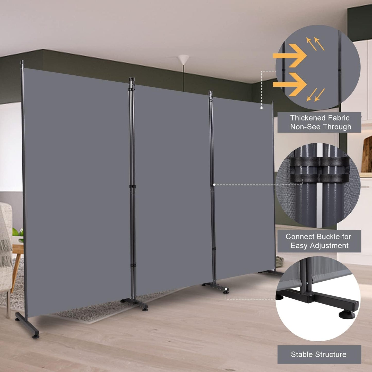 Room Divider 6FT Folding Privacy Screens, Partition Room Dividers w/Freestanding Design, Portable Wall Divider for Room Separtation, Fabric Screen Panel for Home Office Dorm (Grey, 3 Panel-Round Pad)