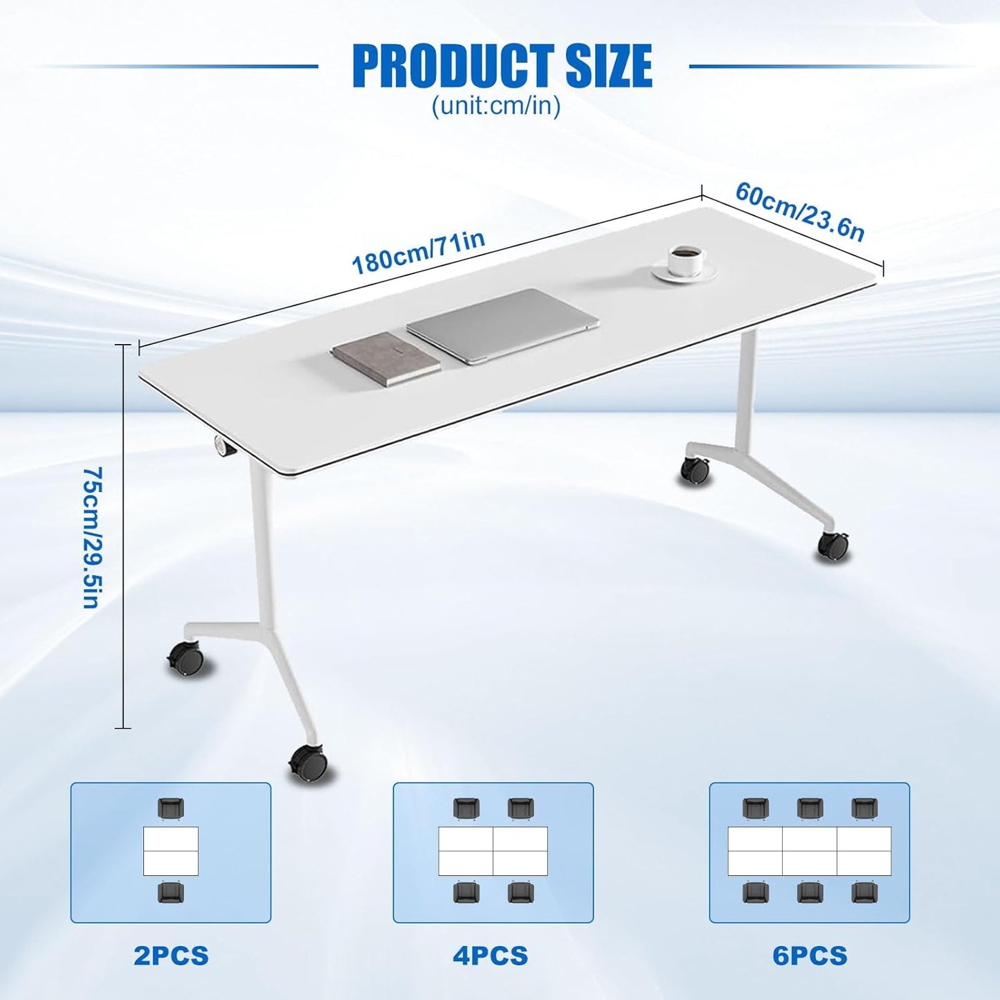 Conference Table, Folding Conference Desk Modern White, Seminar Table with Wheels, 2-10 People for Office, Meeting Break Room (6, 1915, 71IN)