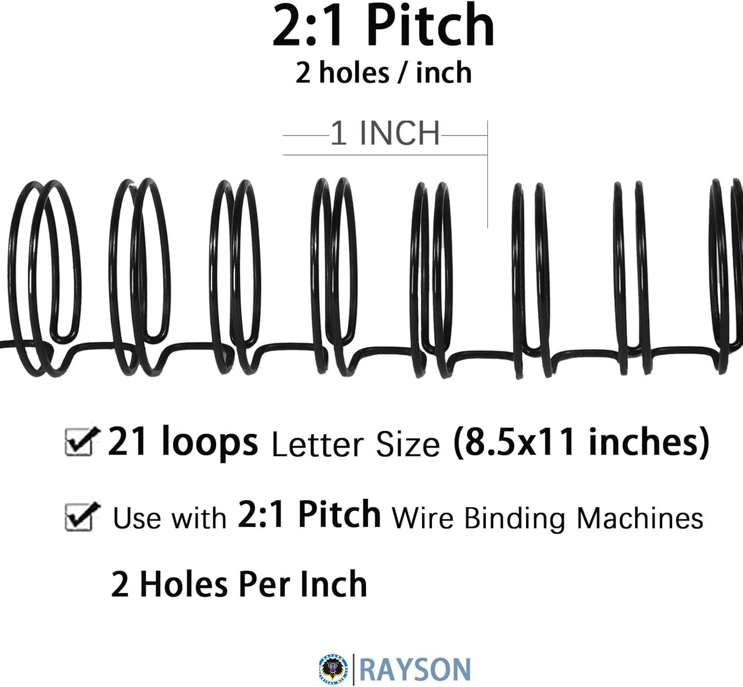 Rayson WR21254BK Wire Binding Spines, 2:1 Pitch Double Loop Binding Wires 1 Inch, 21-Loop Wire Ring Pack of 50 with Black