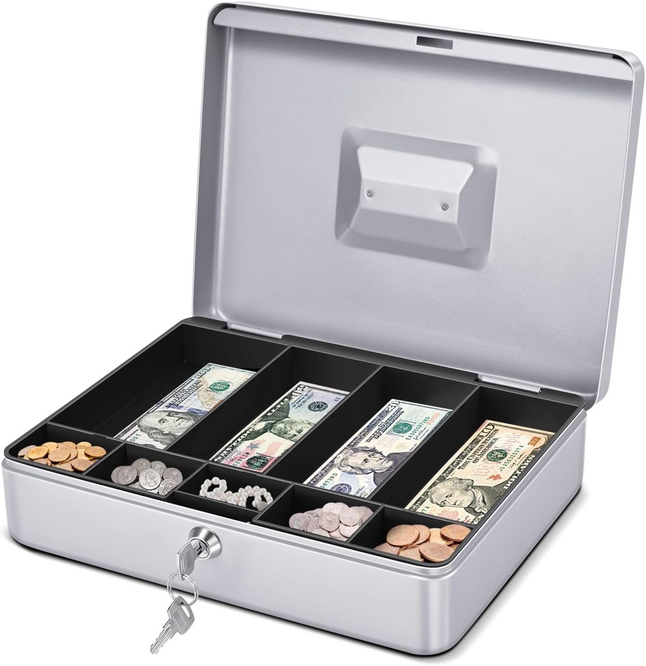 Flexzion Cash Box with Money Tray and Lock - Metal Cash Box for Small Businesses, 9-Compartment Silver Money Box with Removable Tray and Key, Portable Storage for Checks and Coins