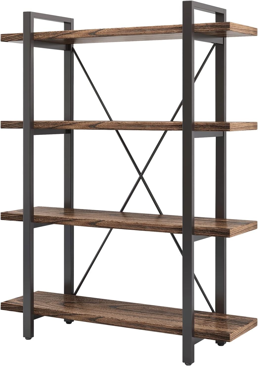 4 Tier Bookshelf Solid Wood Bookcase and Book Shelves Wood and Metal Shelving Rustic Open Bookshelf Office,Distressed Brown (AY-02-4Tier)