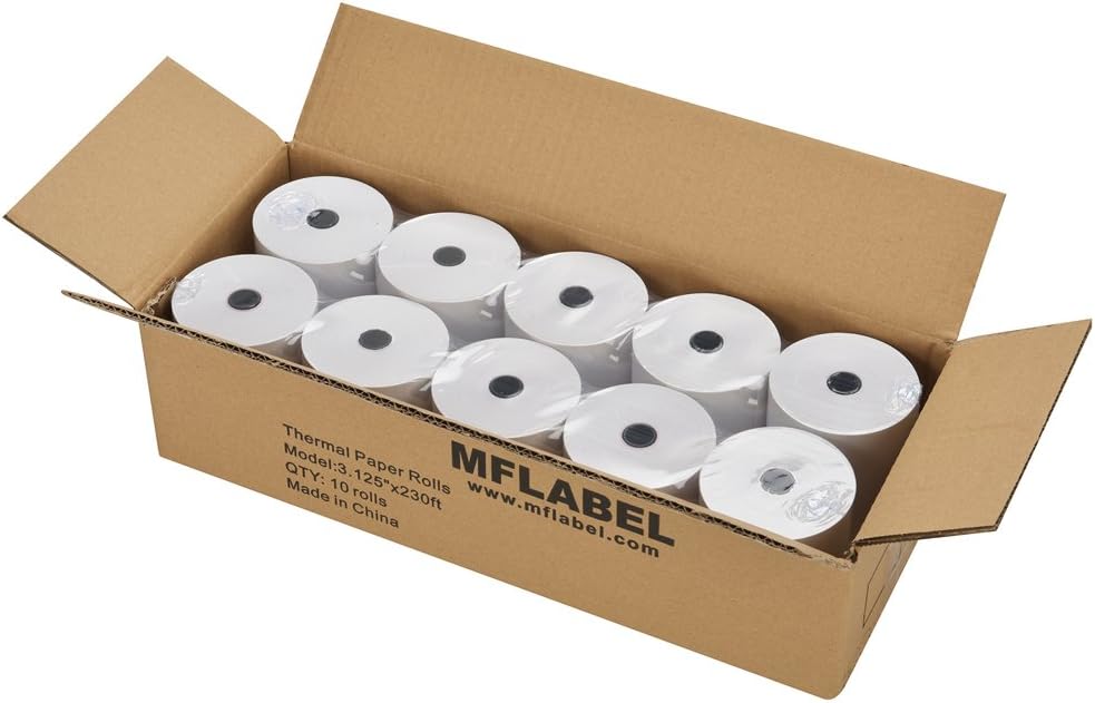 MFLABEL 3-1/8" Thermal Paper Rolls - 10 Rolls x 230ft, Compatible with Star Micronics, Epson, IBM & POS Receipt Printers | Smudge-Proof 80mm Credit Card Paper for Clear Transactions