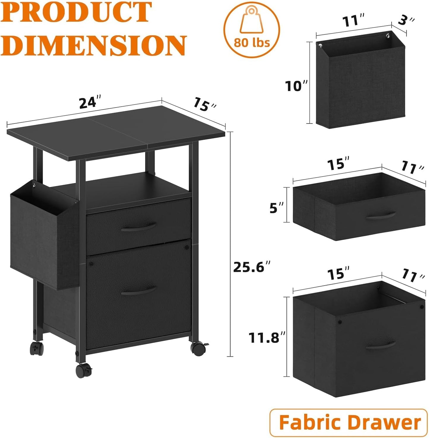 2 Drawer File Cabinet with 24'' Extended Desktop, Mobile Filing Cabinet, Rolling File Cabinet with Side Bag, Fabric Drawer, Fits A4 Size, Home Office, Black
