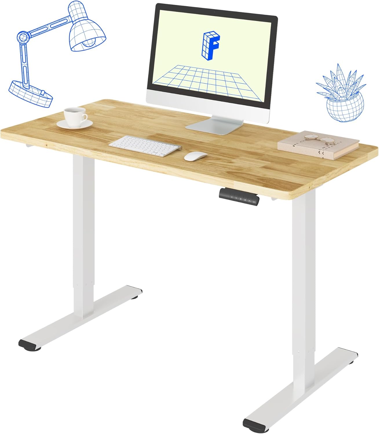 FLEXISPOT E3 Solid Wood Dual Motor Standing Desk 48x24 Inch Whole-Piece Board Electric Height Adjustable Stand Up Desk (White Frame + Rubber Wood Desktop)