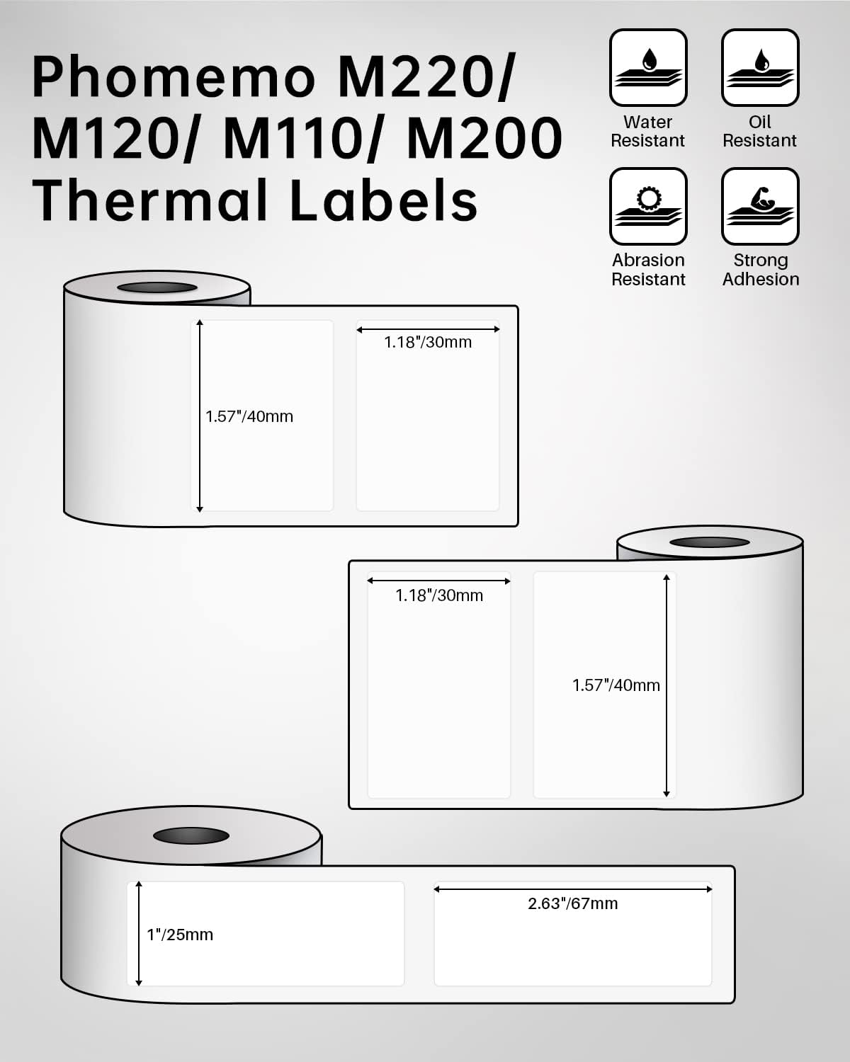 Phomemo Labels Set, M220 M110 M108 M250 M260 M150 M221 M120 M200 Label Maker Tape,Black on White Thermal Paper Self-Adhesive Stickers, Include 1.57'' x 1.18'',1.96'' x 1.18'',1" x 2-5/8"