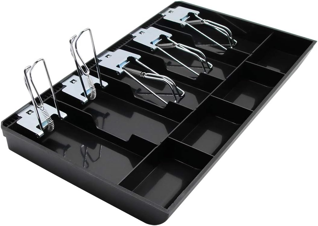 Cash Register Drawer Insert Tray 5 Bill/4 Coin Compartments with Metal Clip for Money Storage, Black