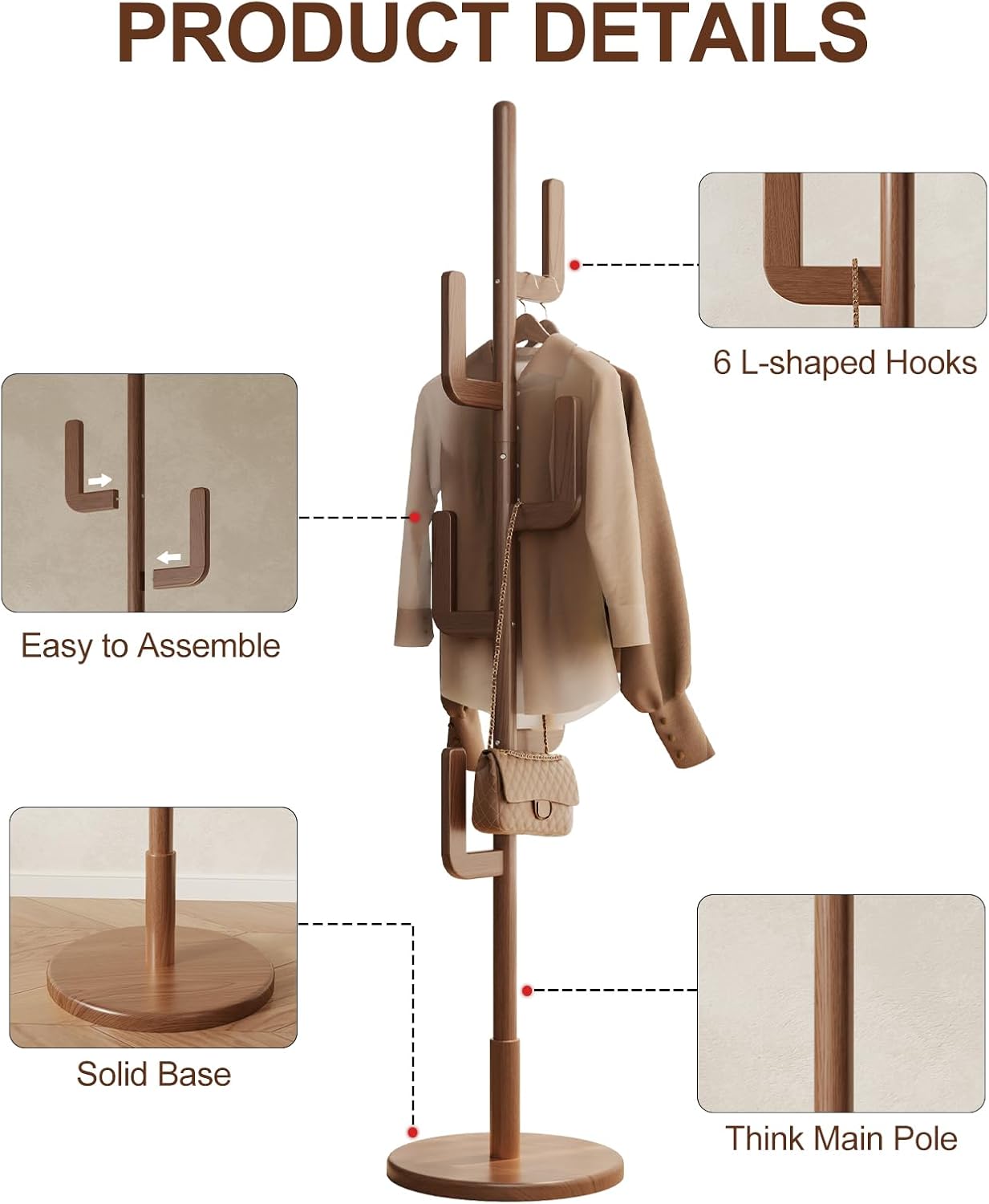 Solid Wood Cactus Coat Rack, Freestanding Coat Rack With 6 L-Shaped Hooks and 3 Adjustable Sizes, Coat Tree for Bedroom, Entryway, Livingroom, Coat Hanger Stand for Coats, Handbags (Walnut)