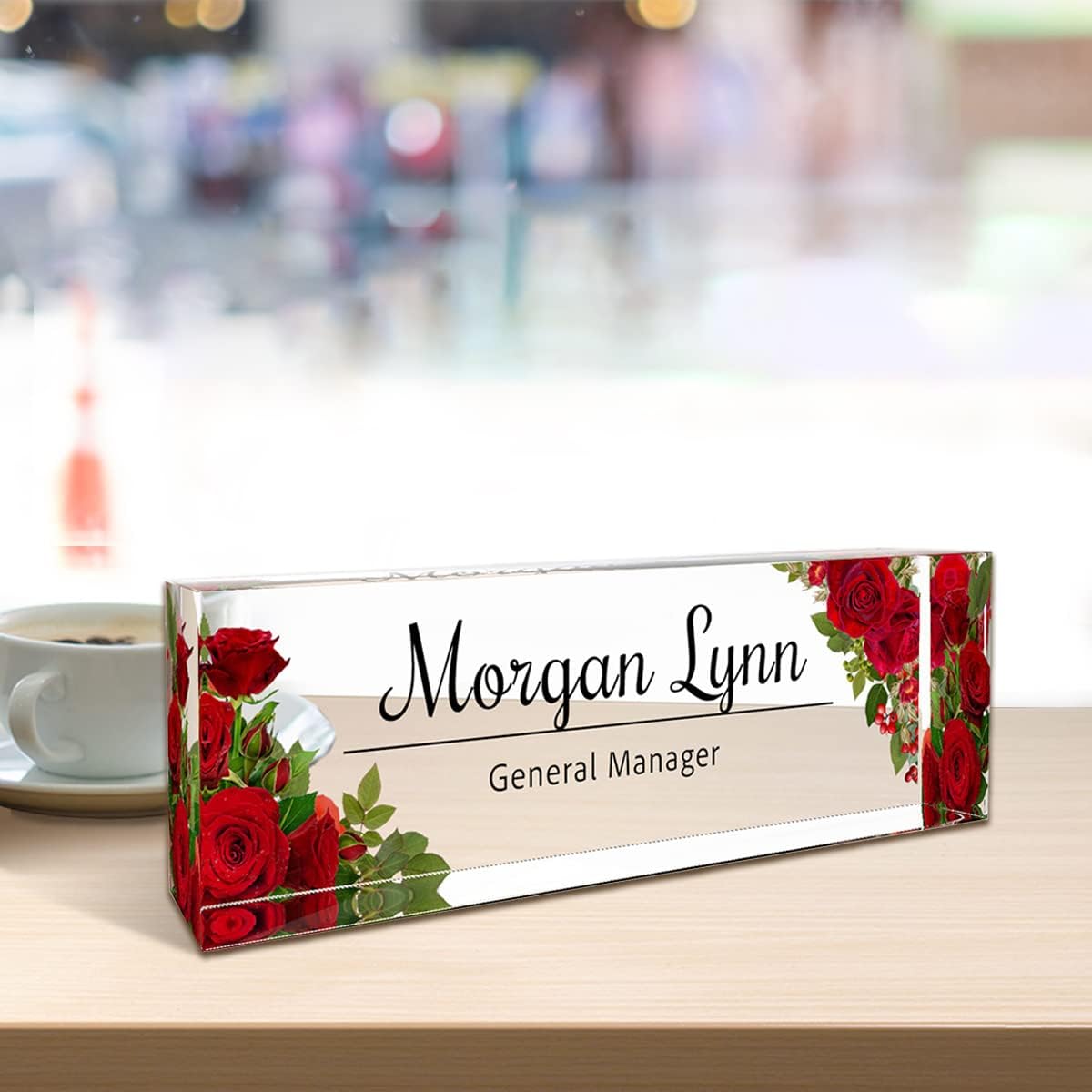 Desk Name Plate Personalized | Office Decor | Name Tags | Desk Decorations for Women Office… (Red Rose)