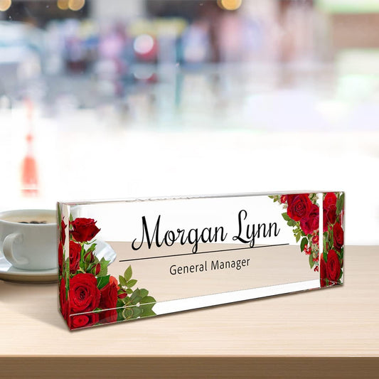 Desk Name Plate Personalized | Office Decor | Name Tags | Desk Decorations for Women Office… (Red Rose)