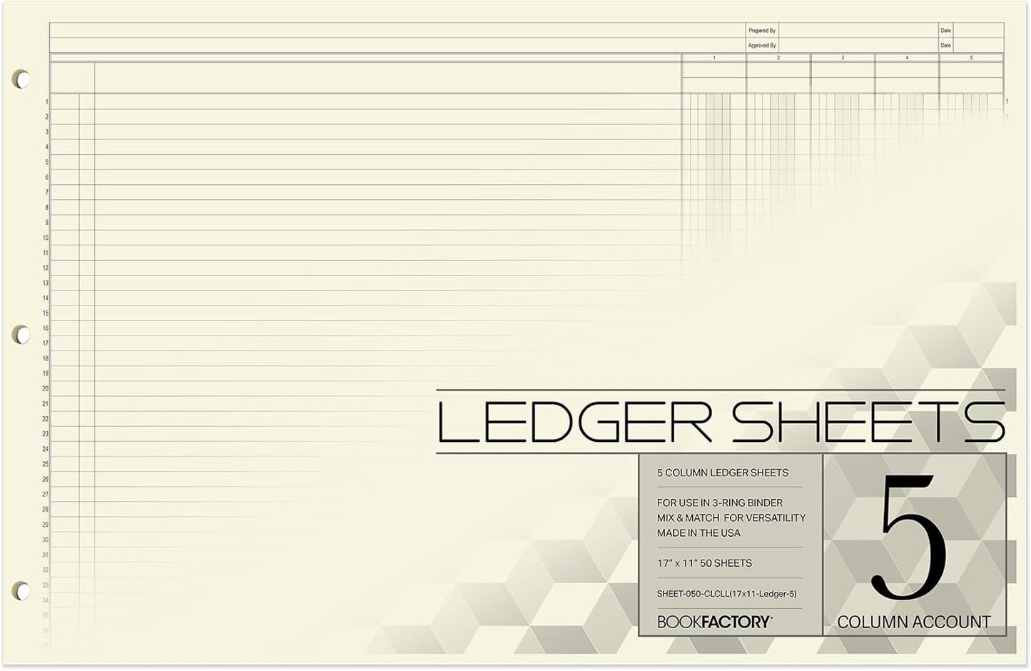 BookFactory Ledger Sheets/Large 5 Column Accounting Ledger Columnar (Five Columns) Loose Leaf Paper - 17'' x 11'', 50 Pages, Loose Leaf, 3 Hole Punched (SHEET-050-CLCLL(17x11-Ledger-5)-AX)