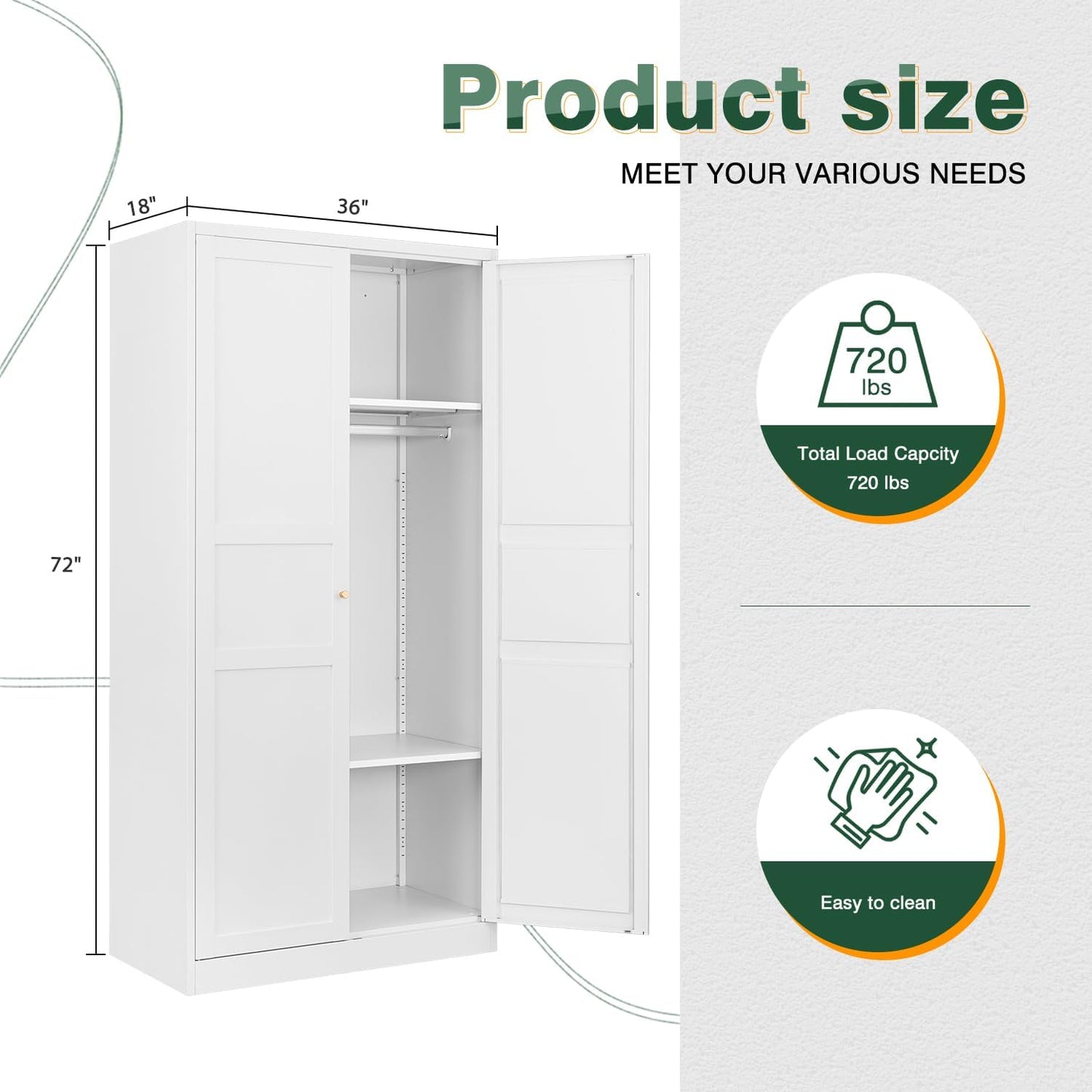 Letaya Wardrobe Armoire Closet,72" H Metal Storage Cabinet with Adjustable Shelves and Hanging Rod,Bedroom Armoire Cabinet Clothes Organizer (White)
