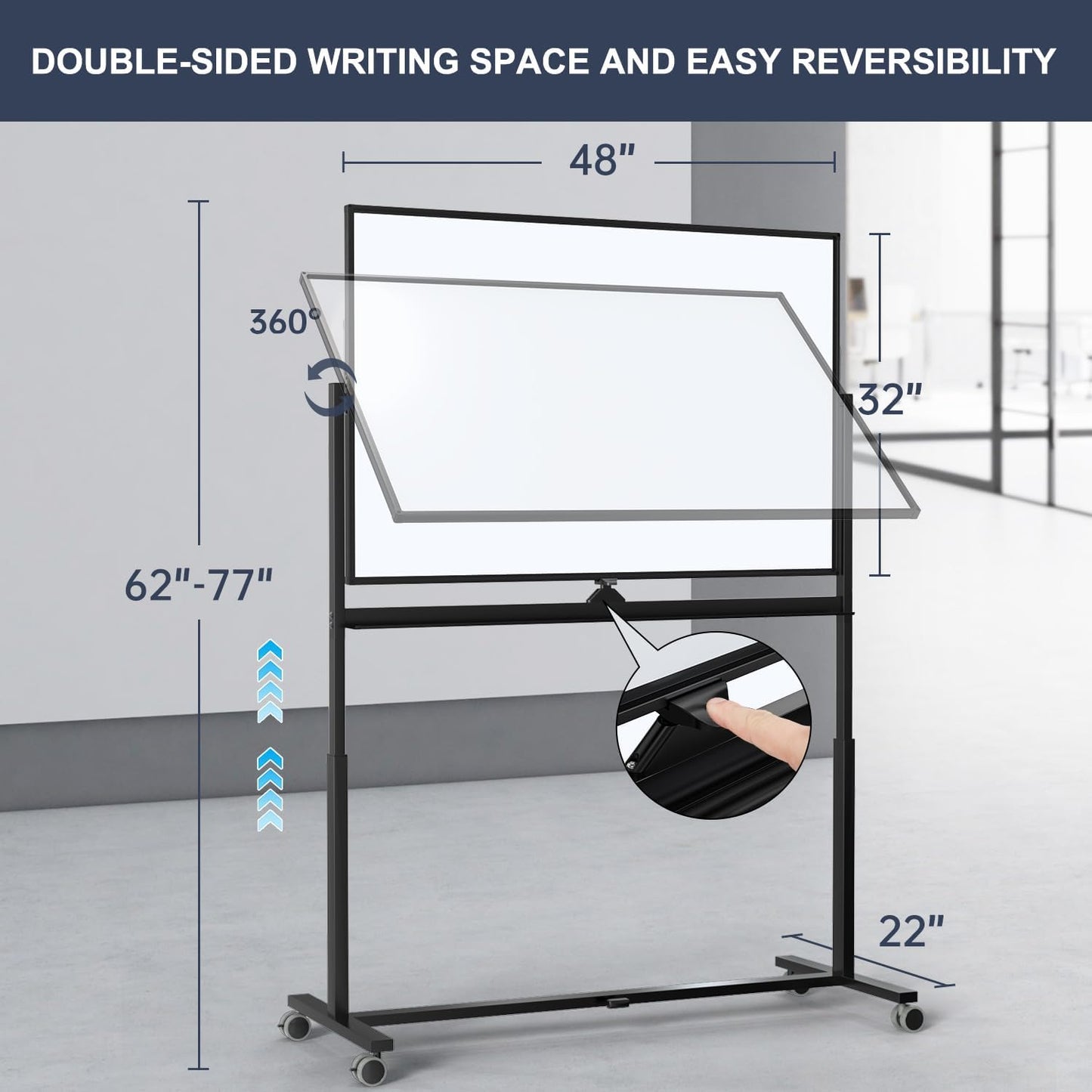 Rolling Whiteboard, 48 x 32 Inches Magnetic White Board with Stand, Double-Sided Large Standing Dry Erase Board on Wheels, Height-Adjustable Mobile Dry Erase Board for Office, Home, Classroom