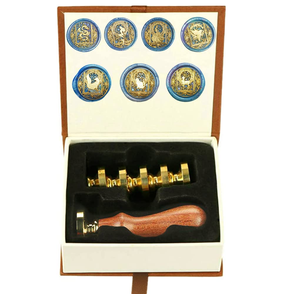 Animal Wax Seal Stamp Set with 7 Removable Brass Heads and 1 Wooden Handle - Dragon, Mermaid, Peacock, Cat Designs for Wedding Invitation Envelopes