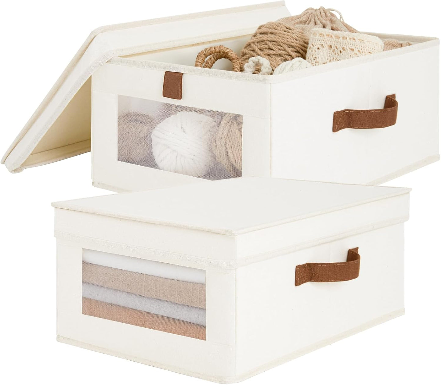 Fabric Storage Bins with Lids, Collapsible Closet Organizer with Sturdy Handles, Clear View Window, Stackable Storage Baskets for Clothes, Towels, Books, Hand Pull Closet Organizer Boxes-2-Pack, Beige