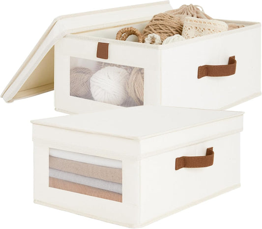 Fabric Storage Bins with Lids, Collapsible Closet Organizer with Sturdy Handles, Clear View Window, Stackable Storage Baskets for Clothes, Towels, Books, Hand Pull Closet Organizer Boxes-2-Pack, Beige
