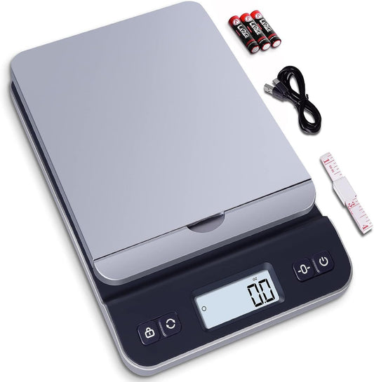 QP Shipping Scale, 86lb/0.1oz High Accuracy Digital Postal Scale for Packages, Hold/Tare Function, Backlit LCD Display, Flip-up Holder, Postage Scale, Mail Scale, Battery & Tape Measure Included
