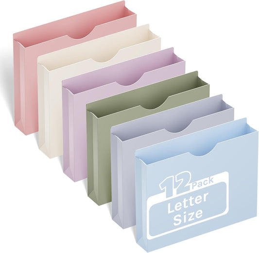 Ansook Plastic 2 Inch Manila File Jackets,Letter Size,Expanding File Jacket, Lightweight,Reinforced Straight Cut Tab,Heavy Duty 2 Inch Expansion Pocket,Poly File Jacket,12 Pack,Morandi Assorted Color