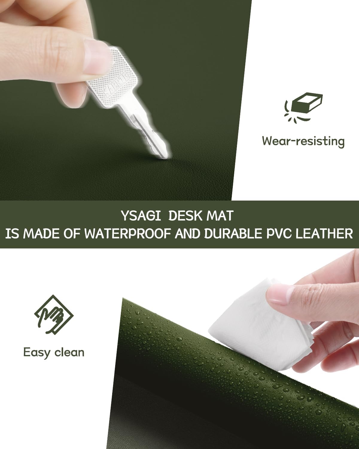 YSAGi Non-Slip Leather Desk Pad, Waterproof Laptop Computer Desk Keyboard Mat, Table Protector Blotter Mat, Large Mouse Pad for Office/Work/Home/Decor(Olive Green, 23.6" x 13.7")