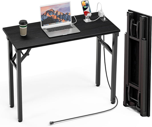 TEMI Small Computer Desk Folding Table - No Assembly, Compact 35.8" Foldable Desk with Power Outlets & USB Charging Port, Portable Small Office Desk, Ideal Mini Study Table, Dark Oak
